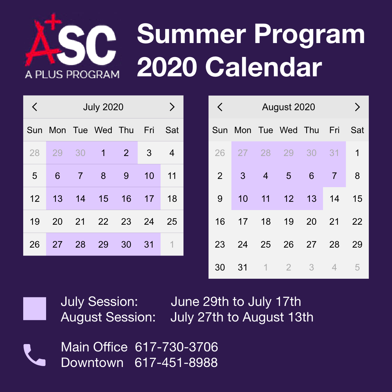 2020 A+ Summer Online Program Session 2 Schedule